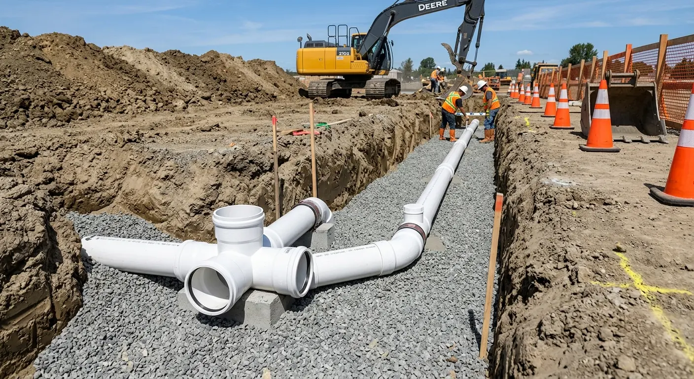 New PVC sewer pipe installation in open trench for Commercial Drain Cleaning in Walker